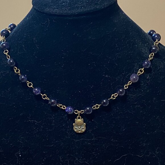Dark Blue Goldstone Bronze Link Adjustable Short Necklace w/ Fortune Cat Charm - Picture 3 of 15